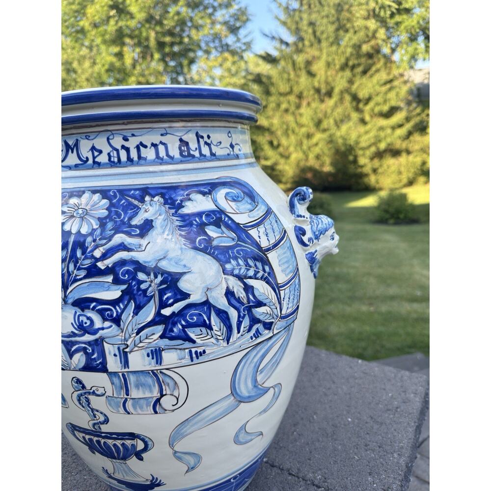 VTG Italian Majolica Blue & White Apothecary Jar Urn Unicorn Medicinali 18.5” - Picture 4 of 12